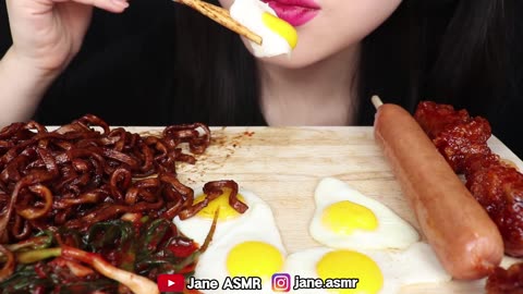 ASMR FRIED CHICKEN_ FRIED EGG_ FRIED SAUSAGE_ NOODLES 후라이_ 양념치킨_ 소세지_ 짜장면 먹방 MUKBANG_ EATING