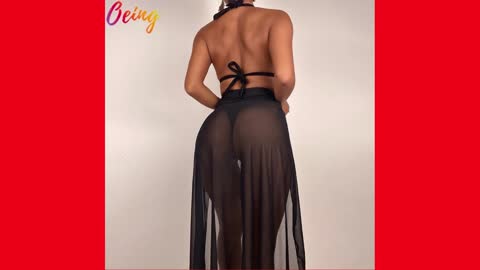 OEING Sexy 3 Pcs Bikinis Lace Up Bra Thong Sheer Mesh Long Skirt