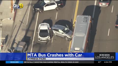 1 hospitalized after MTA bus crashes with car in Cypress Park