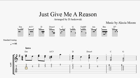 Guitar tabs for Just Give Me A Reason by Pink. Request PDF tabs for this song by sending email request to djankowski3@verizon.net. I never charge for providing tabs to subscribers.