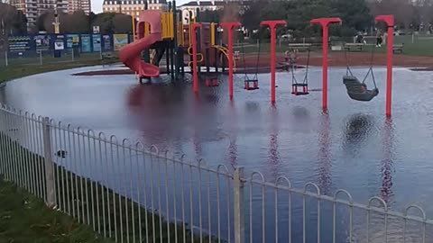 Southsea flooded carpark, playground and common.