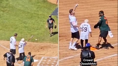 Grandma gets brutally run out by an NFL player during a celebrity charity softball game