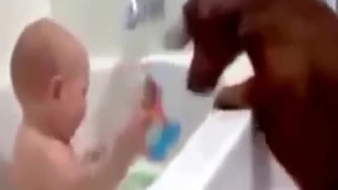 Funny baby while taking a bath.