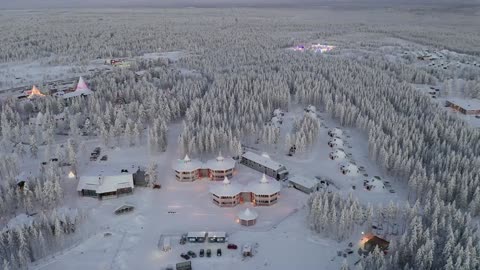 Santa Claus Village by air Rovaniemi Lapland Finland winter Arctic Circle drone travel video