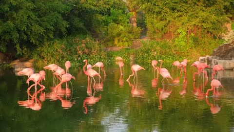 Flamingos In Shallow Water