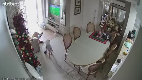 Grandfather Tries to Save Kid From Falling Christmas Tree