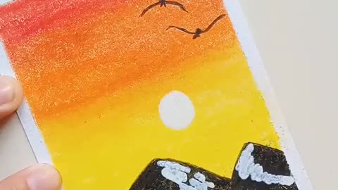 Sunset Scenery Drawing With Oil Pastel