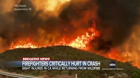 8 firefighters hospitalized after fire truck crash on Southern California freeway