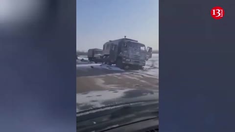 Dozens of Russian weaponry scattered across snowy roads