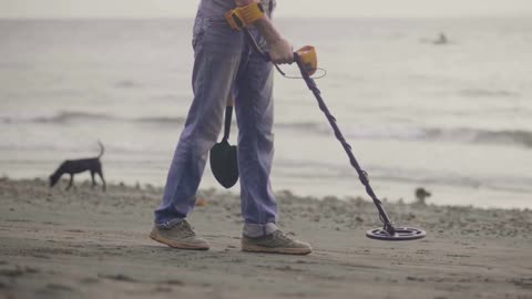 man scanning sand on the beach with metal detector finding valuables with his dog at sunrise