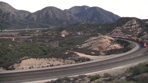 Over 2 mile long BNSF Stacktrain climbing Cajon Pass, 3x2x2- Full Length Video