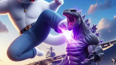 White Cat fighting Godzilla PART2 #cats #funny #aicat #cutecat #shortvideo #superhero #godzilla