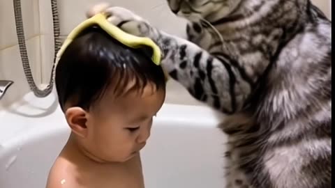 Funny cat bathing Dad