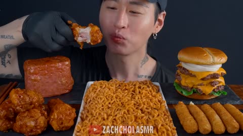 ASMR MUKBANG | Triple Cheeseburger, Spicy Noodles, Spam, Cheese Stick, Fried Chicken