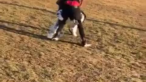 Two boys fight on a grass field, one boy gets thrown down