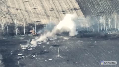 Kharkiv region, Ukranian artillery tried to strike Russian amors in the wood. Drone footage