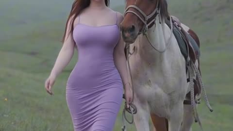 Elegance in Motion: A Beautiful Oriental Woman In A Lilac Dress With Her Horse