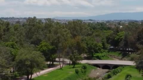 Canal in a huge park in an aerial view