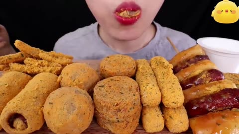 ASMR | SoundBite | Mukbang cheese ball corndog cheese melting stick