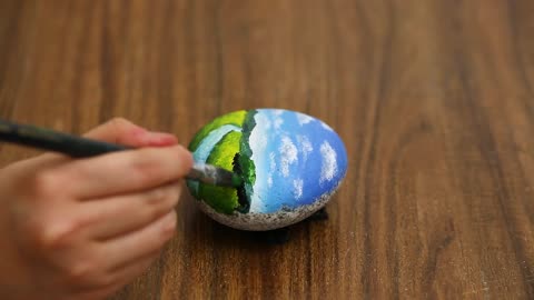 Lake scenery on stone with acrylic painting