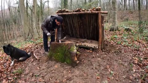 Building a Bushcraft Shelter for SURVIVAL CAMPING in Rain. Big Swedish Stove - Lamb Cooking - Asmr