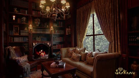 Cozy Victorian Library Ambience with fire creaking and thunderstorm rain