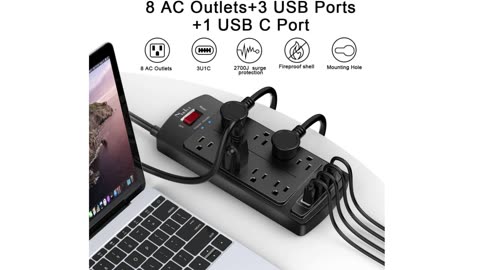 Surge Protector Power Strip - Nuetsa Flat Plug Extension Cord with 8 Outlets and 4 USB Ports