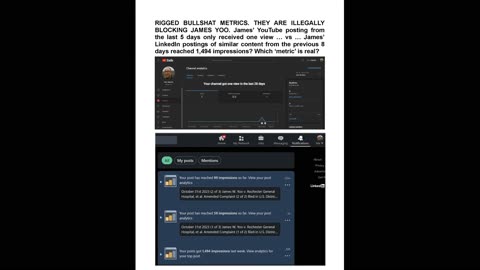 JamesYoo47 - RIGGED. THEY ARE ILLEGALLY BLOCKING JAMES YOO. YouTube one view vs. LinkedIn 1494