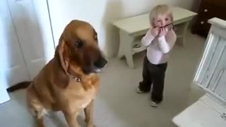 Dog and baby sing together with harmony