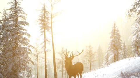 Proud Noble Deer Male in Winter Snow Forest