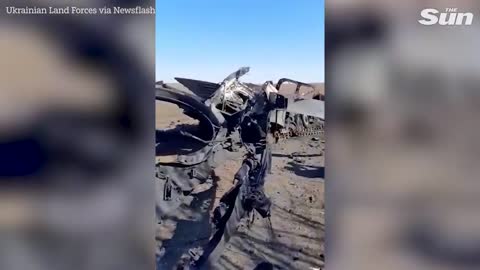 Ukrainian soldier shows off remains of destroyed Russian battle tank