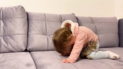 Cute Baby Meets New Baby Kitten for the First Time!