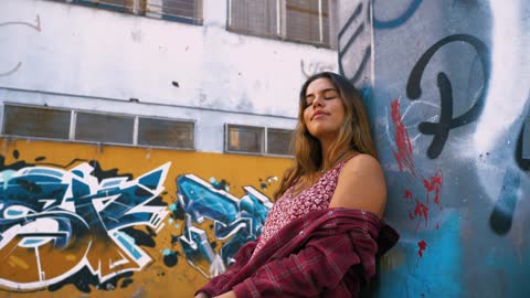 Girl leaning against a wall covered in graffiti