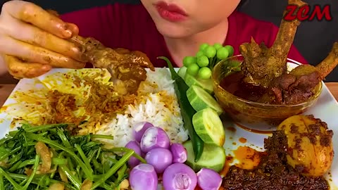 MUKBANG EATING// SPICY DUCK CURRY,DUCK EGG,STIR FRY GREEN AMARANTH LEAVES AND WHITE RICE