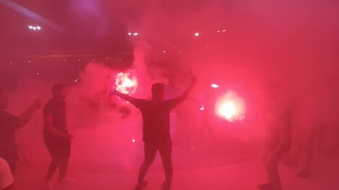 Groom Friends Welcomed Started Wedding Party With Red Fireworks