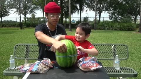 WATERMELON vs 500 RUBBER BANDS funny challenge with little brother