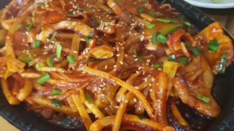 Stir-fried Jeyuk and Osam Bulgogi at Korean Baekban Restaurant