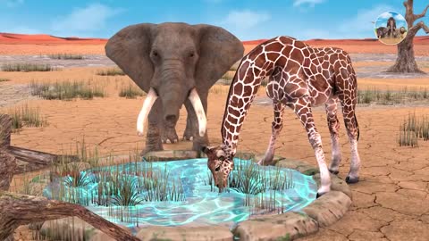 Giant Elephant vs Giraffe Water Fight Funny Animation | Wild Animals Searching for Water Pool