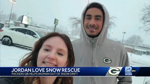 Packers' Jordan Love helps woman out of snow drift