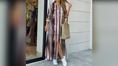 Women Turn-Down Collar Shirt Long Dress Summer