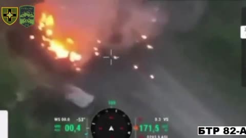 A UA sapper drone deploys a TM-62 AT mine which is later hit by a RU BTR-82A