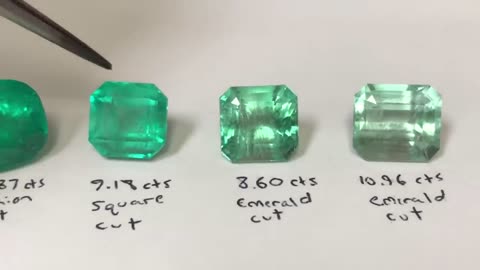 Examples of high quality and low quality emerald gemstones