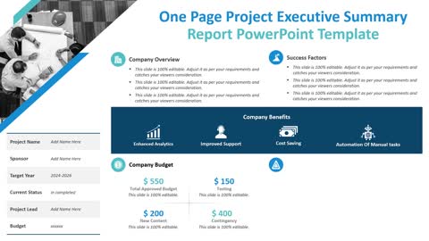 One Page Project Executive Summary Report PowerPoint Template