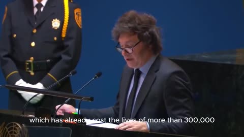 Javier Milei delivers his speech at the UN General Assembly in New York City.