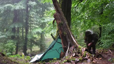 Solo Camping in 24 Hours of HEAVY RAIN Without a Tent - SURVIVAL MODE