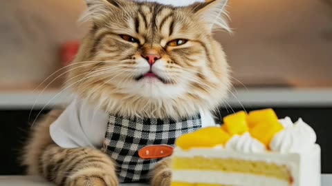 cute cat eat mango cake