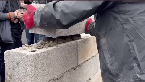 French lady keeps police distracted while people build a wall on the motorway