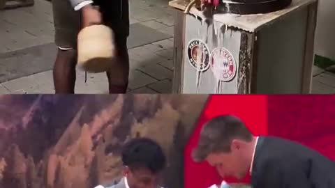 Kingsley Coman taps the beer barrel