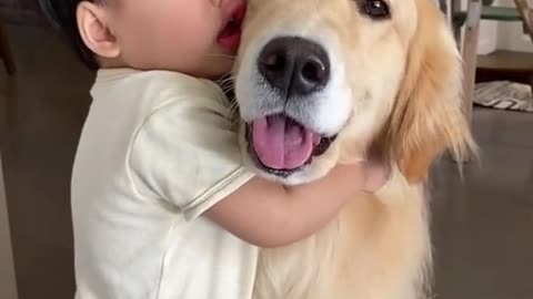 Baby👶hugged dog so hard that he squished his face