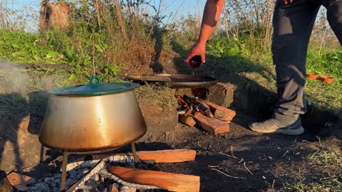 Built a house out of Clay and wood in the wild Delicious lamb dinner for everyone